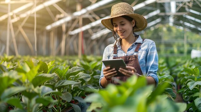 Woman farmer using tablet in greenhouse modern agriculture technology smart farm digital farming organic plants - Powered by Adobe