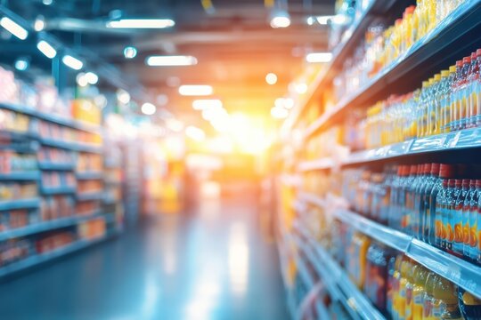 A brightly lit supermarket aisle with shelves stocked with beverages and products, creating a vibrant and inviting retail environment
