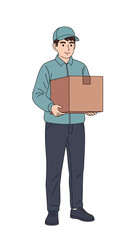 A friendly delivery man in a blue uniform and cap holding a cardboard box parcel. Male courier character illustration for shipping and logistics services.