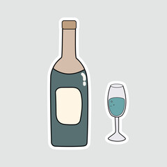 Cute Wine Bottle and Glass Vector Illustration Sticker. Simple vector sticker of a wine bottle and glass, perfect for celebrations, parties, weddings, and festive designs