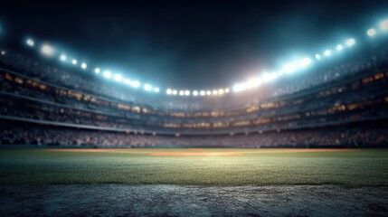 A brightly lit baseball stadium at night with a view of the empty field and grandstands, ready for an upcoming game