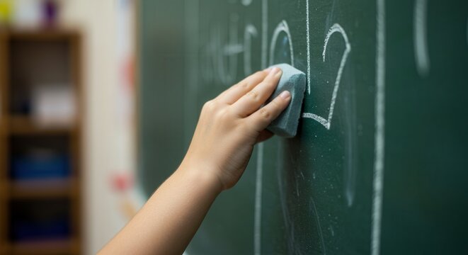 Child's hand erasing chalk writing on classroom green chalkboard, focused close-up, educational setting with blurred classroom background, emphasizing learning and teaching moments