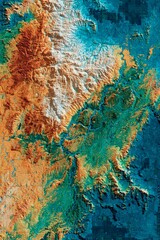Vibrant topographic map displays varied elevations with mountains, valleys, and lakes, showcasing the striking geographical features of the region under clear skies
