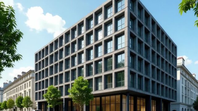 A modern high-rise building with numerous windows, suitable for use in cityscape or architecture-related projects