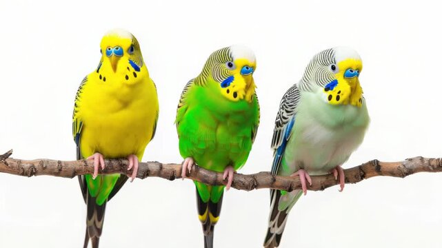 Three colorful parakeets perched on a branch, looking curious