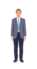 Obraz premium Formal portrait of a professional businessman in a classic suit. Full-length vector illustration of a male character isolated on white.