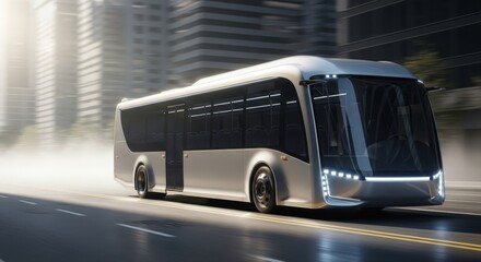 A modern, streamlined city bus cruising down an urban street with a blurred background of buildings