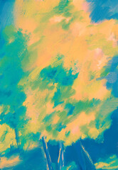 Abstract Illuminated Deciduous Park or Forest Trees in Vibrant Colorful Colors-Digital Art, Illustration, Design, Painting, Landscape in Yellow, Teal, Blue & Green