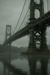 Naklejka premium Generative AI Overgrown Bridge: Post-Apocalyptic Structure Bridge Suspension bridge Decay Ruin Ivy Vegetation Water Reflection Fog Mist Architecture Cable Tower Landscape
