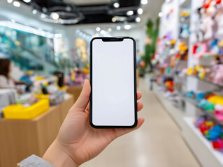 Hand holding smartphone with blank screen in toy store – mockup for kids shopping app, AR toy preview or educational mobile interface