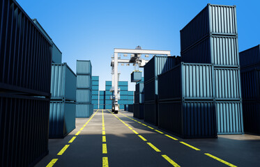 Naklejka premium Shipping containers stacked at a port terminal with a crane lifting cargo, used for freight, logistics, transportation, export, import, shipping, 3d image.