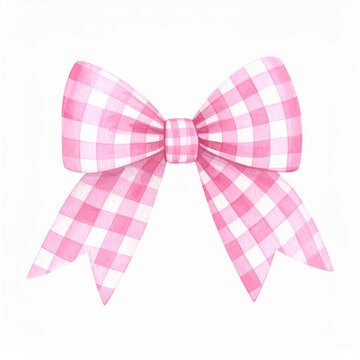Watercolor painting of cute pink gingham bow. Hand drawn art isolated on white backdrop.