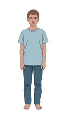 Fototapeta premium Full body character illustration of a young boy standing barefoot in casual attire against a white background.