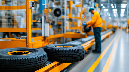 Fototapeta premium Automated Tire Production: Tires glide along a conveyor in a brightly lit manufacturing facility, highlighting efficient industrial processes.