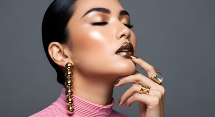 Obraz premium Elegant Woman with Gold Makeup and Jewelry | Glamorous Beauty Portrait for Cosmetics, Fashion, and Lifestyle Advertising