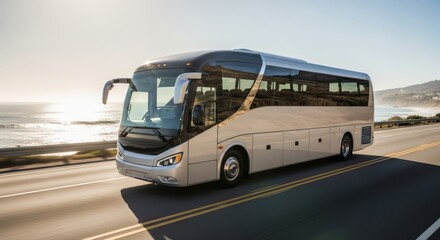 A large, modern bus traveling along a scenic coastal road with the ocean in the background, emphasizing transportation and travel. 
