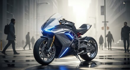 Fototapeta premium Futuristic motorcycle parked on a city street, showcasing advanced design and technology. The motorcycle has sleek lines.