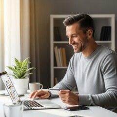 Smiling handsome man making a secure online payment with a credit card on his laptop. Convenient e-commerce and digital shopping from home.
