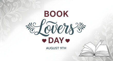 Book Lovers Day Message with Open Book Illustration | August 9th Celebration Text on Elegant Neutral Background for Social Media, Banners, and Promotional Materials