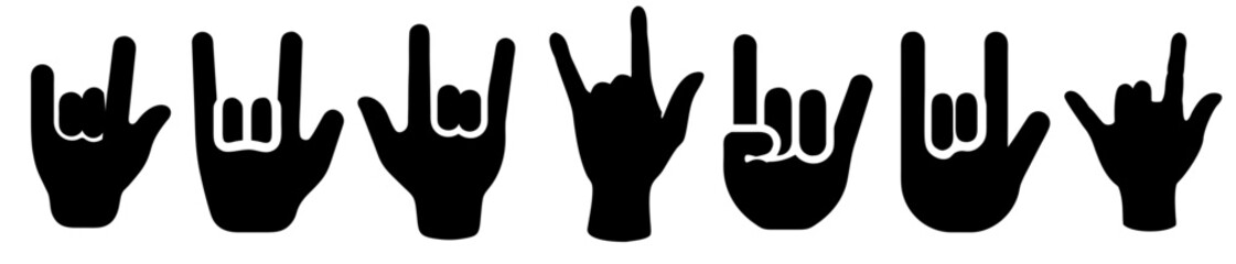 Various hand gestures displaying the sign of the horns in black and white