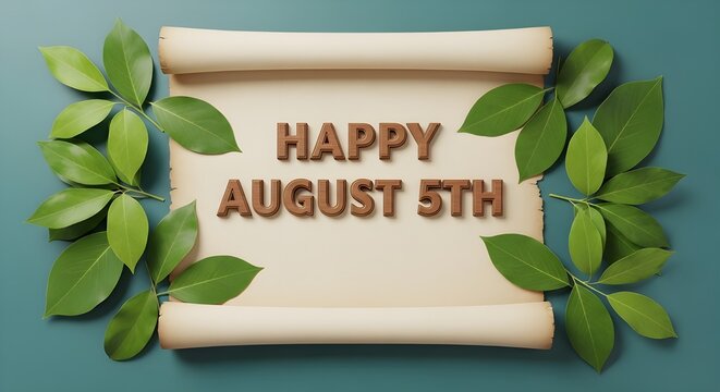 Happy August 5th on Decorative Scroll with Green Leaves | Celebration Message for August 5th Event, Greeting Cards, and Social Media Posts