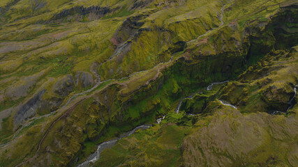 Aerial View of a Lush Green Canyon with Streams in Iceland