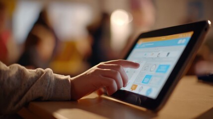 Medium shot of a childs hand reaching towards a tablet showing an interactive parenting portal with milestone tracking with the rest of the scene gently out of focus to highlight