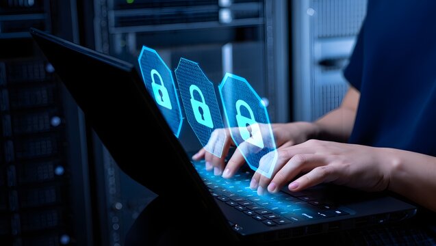 Person typing on laptop with glowing digital security locks overlay