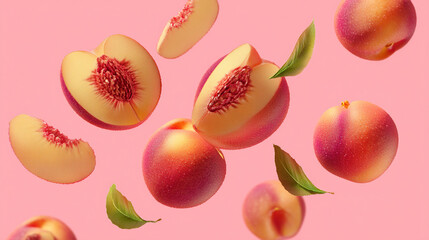 Fresh peaches floating in the air with a pink background and green leaves scattered around them all around