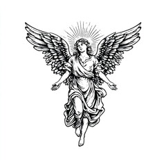 Illustration of an Angel with Wings Radiating Light and Graceful Appearance on a White Background Art Print