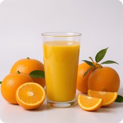 Freshly squeezed orange juice in a glass with whole and sliced oranges