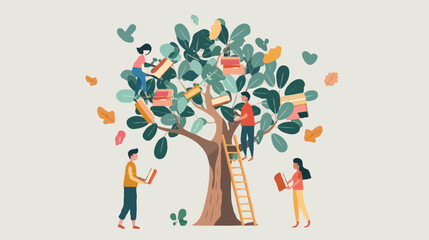 Literary Gathering Around a Book Tree Celebrating the Joy of Reading and Sharing Stories