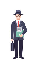 Obraz premium Successful businessman character in a suit and fedora holding a briefcase and financial documents. Vector illustration isolated on white.