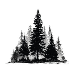 Obraz premium Vector illustration of silhouette of a dense pine forest with tall evergreen trees, isolated on a white background