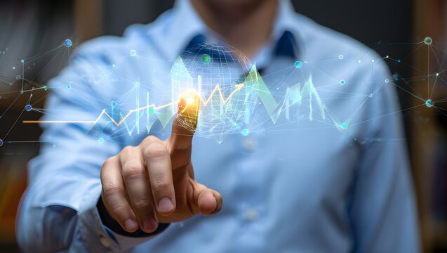 Businessman touching glowing digital interface with financial data