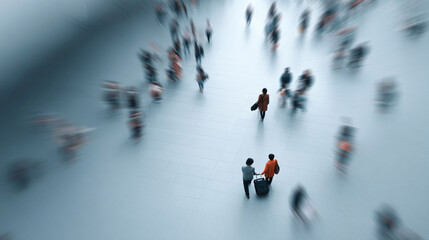 Highangle view of two individuals with luggage amidst a blurred crowd, symbolizing travel, journey, and the anonymity of urban life.