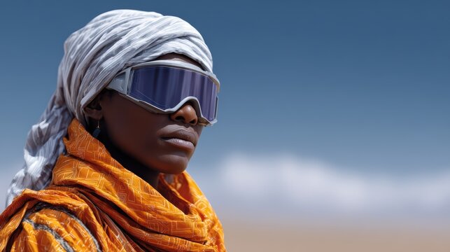 futuristic desert engineering, african female engineer in protective gear and goggles, holds a terrain scanner in a sunlit desert with terraform structures and drones