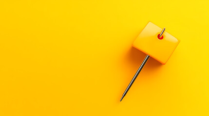Bright yellow background with a shiny metal pin with a square yellow plastic top. The pin is set at an angle against the cheerful backdrop.