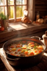 A rustic kitchen features a pot filled with a warm vegetable stew, with colorful carrots and potatoes visible. Sunlight filters through a window, creating a homely atmosphere
