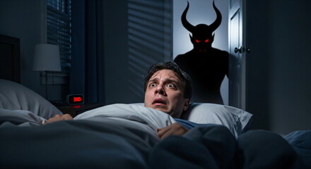 Fototapeta premium A man lying in bed scared by a devil shadow with red eyes in the doorway. Fear and nightmare concept for Halloween.