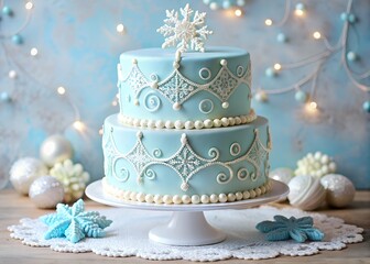 Fototapeta premium Elegant blue winter cake with snowflake decoration