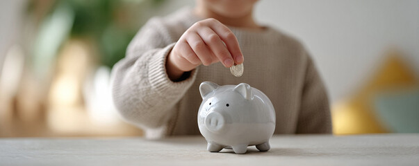 Childhood savings. A young hand carefully drops a coin into a cute piggy bank. Symbolizes financial literacy, future planning, and investment concepts.