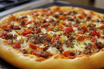 A pizza topped with spicy chorizo, roasted red peppers, and mozzarella cheese