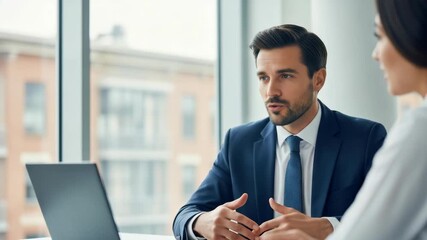Professional business meeting in a modern office setting with a man in a suit discussing strategies while a woman listens attentively showcasing a collaborative work environment