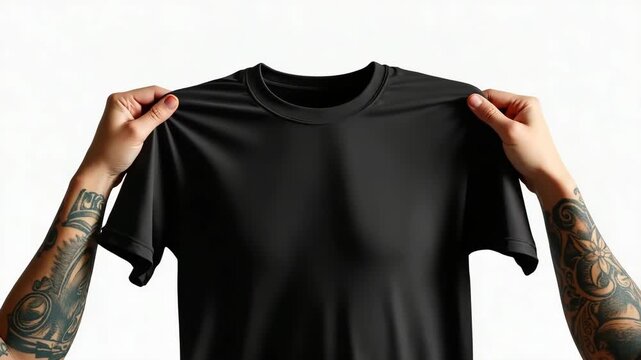 Tattooed biker hand holds hang with blank black t-shirt from premium thin cotton, isolated on white mockup studio background. virtual try on concept.