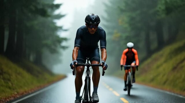 Professional road cyclist on fast and light carbon bicycle descends mountain road in Alps Dolomites. Fit and athletic man on recreational ride trip or training camp, enjoy time out of city.