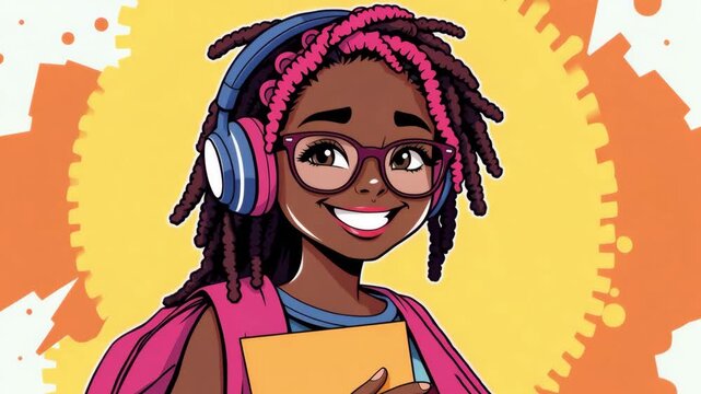 Smiling teenage girl in headphones holding books in her hands on bright background, cartoon vector style, education and learning concept