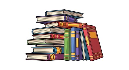 A cartoon illustration of a stack of books with various colors and sizes on a white background