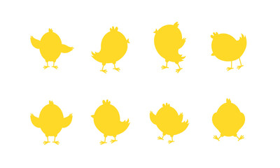 Set of silhouettes of cartoon little chickens on eggs. design element