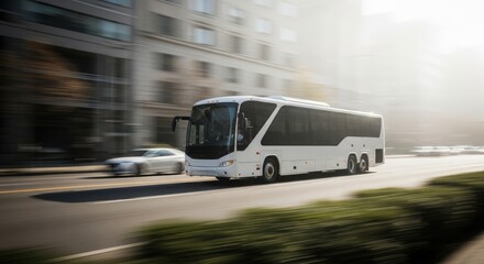 A modern bus traveling along an urban street with motion blur